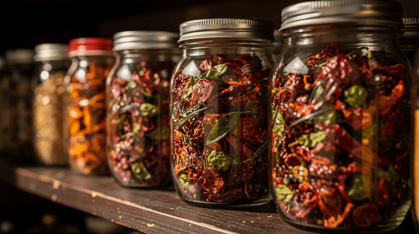 The image shows several glass mason jars filled with small pieces of dried red and green bell peppers, neatly arranged on a dark wooden pantry shelf. These dehydrated peppers, ready for storage, can be used in various recipes, adding flavor to dishes like soups and salads.