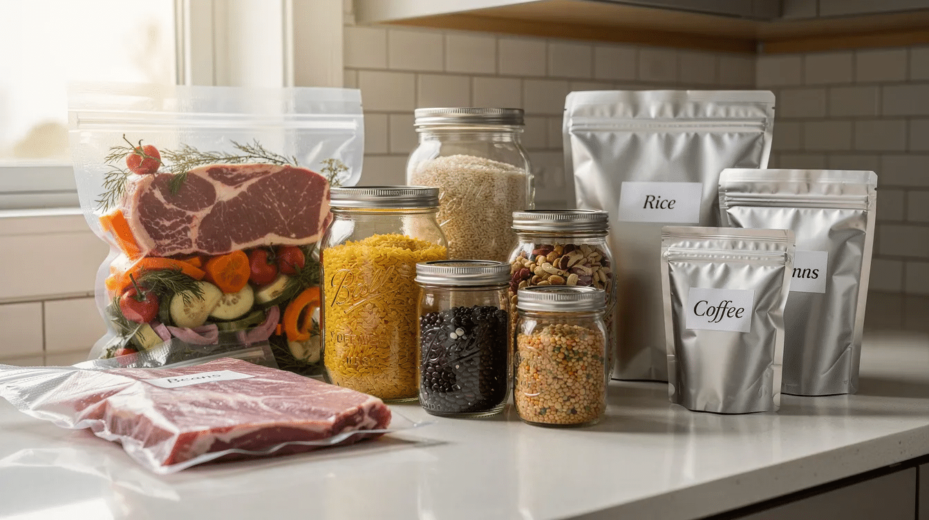 The image features a variety of food storage containers, including glass mason jars, vacuum sealed bags, and mylar pouches, all neatly arranged on a kitchen counter, showcasing different methods for storing dehydrated food to ensure long shelf life and food preservation. These containers are essential for keeping dehydrated meals, fruits, and vegetables safe from moisture and mold growth.
