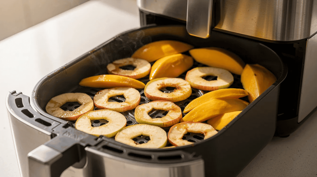 An air fryer basket sits on a kitchen counter, filled with thin slices of fresh apples and dehydrated mango, showcasing the vibrant colors and textures of these healthy snacks. The air-dried fruit is ready for the dehydration process, perfect for trail mixes or as a nutritious treat.