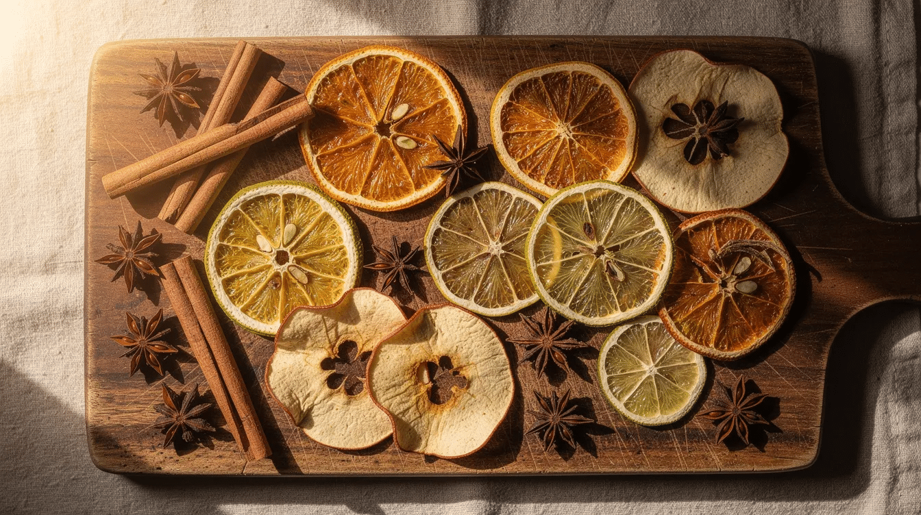 An assortment of dried fruit slices, including vibrant oranges and apples, is beautifully arranged with cinnamon sticks and star anise on a rustic wooden cutting board, creating a lovely display ideal for holiday decorations or potpourri. This natural element combination evokes the scents and warmth of Christmas, perfect for crafting wreaths or garlands.