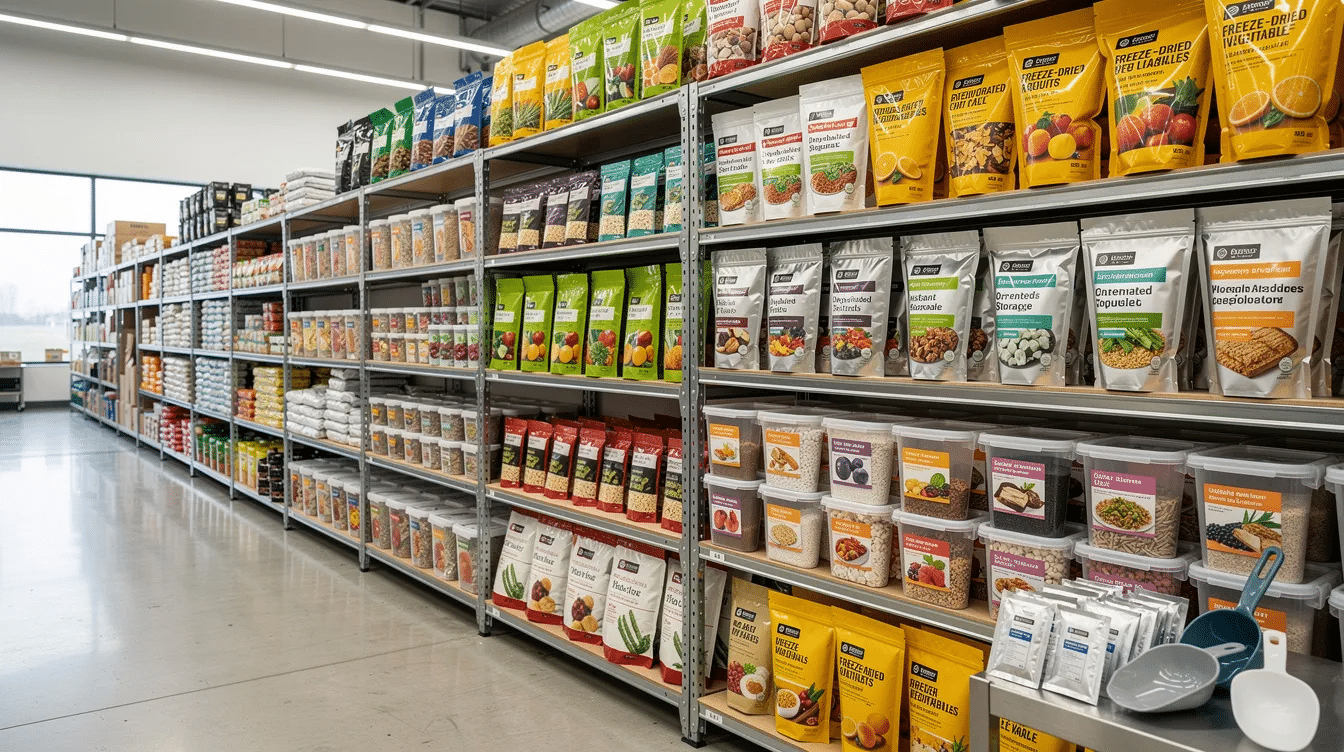 The image shows various methods for storing dehydrated food, including glass jars, plastic bags, and vacuum sealed bags, all neatly arranged on a shelf in a dark place. These containers, designed for food preservation, help maintain the nutritional value and long shelf life of dehydrated meals, ensuring they stay fresh and safe from mold growth.