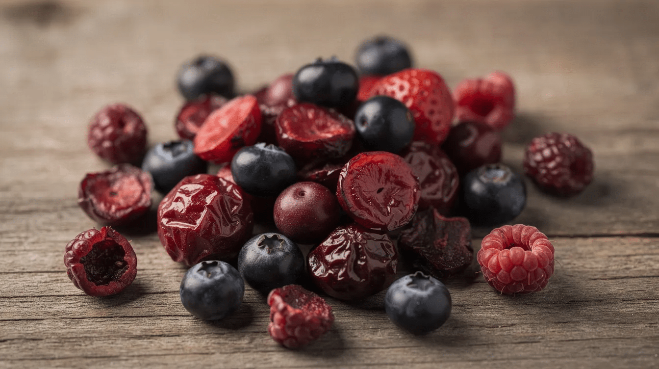The image showcases an assortment of dried berries, including dehydrated blueberries, dried strawberries, and dried cherries, all neatly arranged in a glass jar. These nutrient-dense dried fruits offer a unique flavor, making them a perfect snack for trail mix or as a delicious addition to morning oatmeal.
