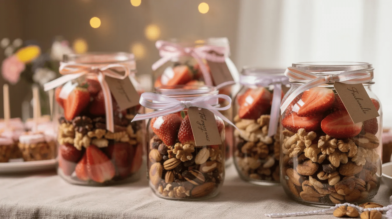 The image features beautifully decorated glass jars filled with vibrant dried strawberries and assorted nuts, all elegantly arranged on a gift table adorned with colorful ribbons. This splendid display offers additional possibilities for delightful gifts or party favors, showcasing the true nature of thoughtful gifting.