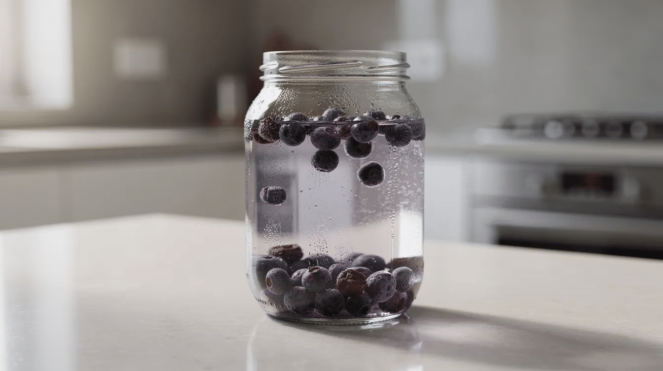 A clear glass jar filled with water sits on a kitchen counter, containing dried blueberries soaking to rehydrate and restore their blueberry flavor and texture. This image illustrates a step in the process of preparing dehydrated blueberries for use in recipes such as muffins or oatmeal.