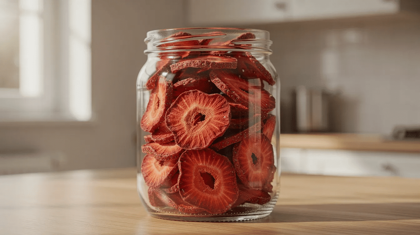 A glass jar sits on a wooden kitchen counter, filled with chewy dehydrated strawberry slices that exude a vibrant red color. This delightful display invites curiosity about the various ways to enjoy dehydrated strawberries, perhaps in snacks or desserts.