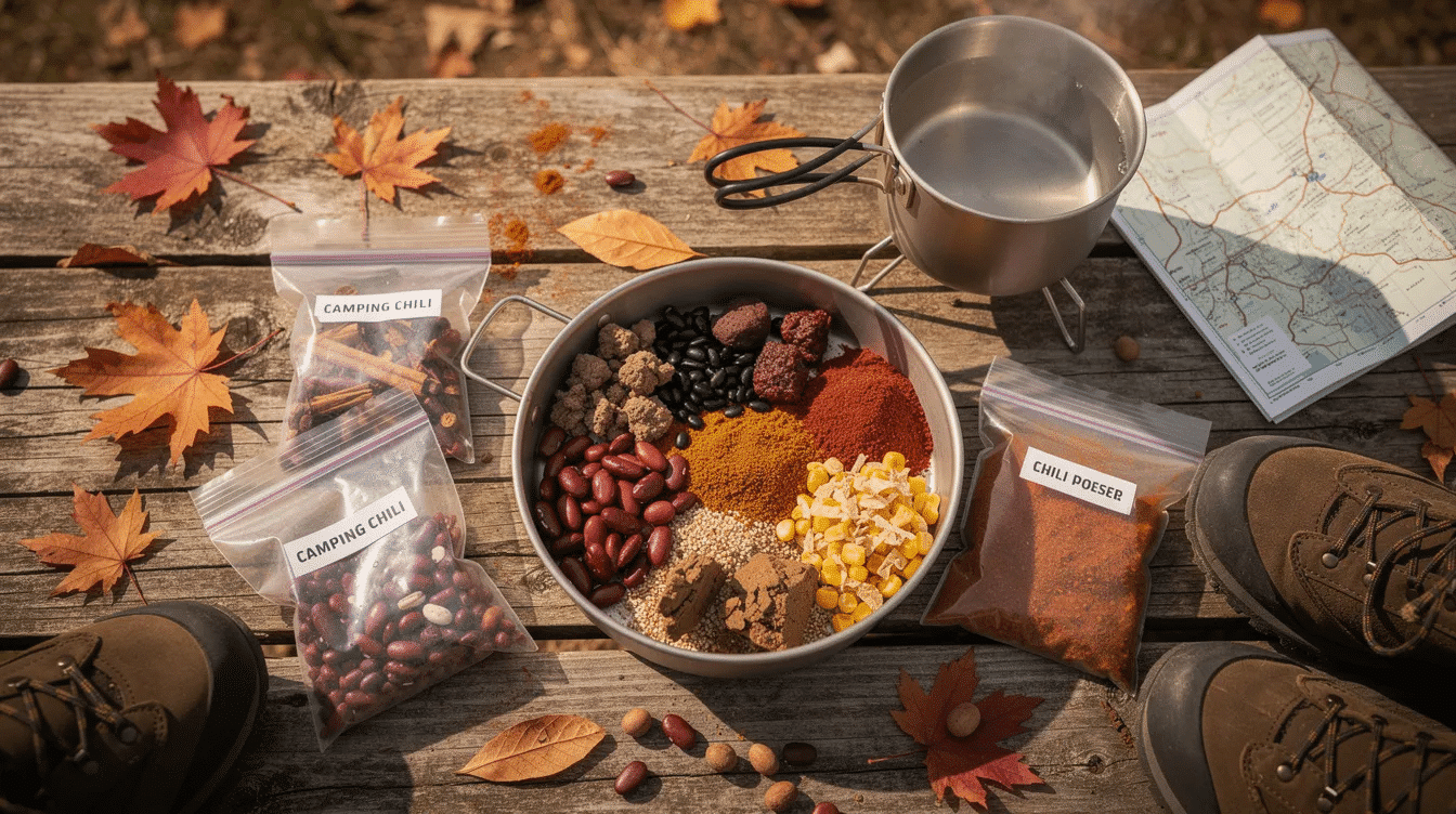 The image depicts a hearty bowl of dehydrated camping chili, seasoned with fall spices, featuring vibrant chunks of sweet potatoes and tender meat. This cozy dish, perfect for a fall dinner, is garnished with a dollop of sour cream and a sprinkle of parmesan cheese, inviting the whole family to enjoy a delicious meal outdoors.