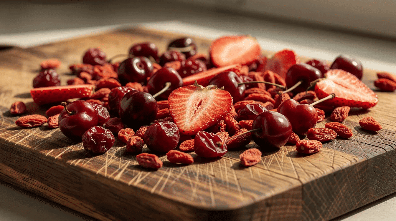 September 18, 2026 | An assortment of vibrant red dried fruits, including cranberries, cherries, goji berries, and freeze-dried strawberries, is beautifully arranged on a rustic wooden cutting board. This colorful display of dried fruit offers a sweet taste and showcases their many health benefits as a convenient snack or addition to granola bars and trail mix.