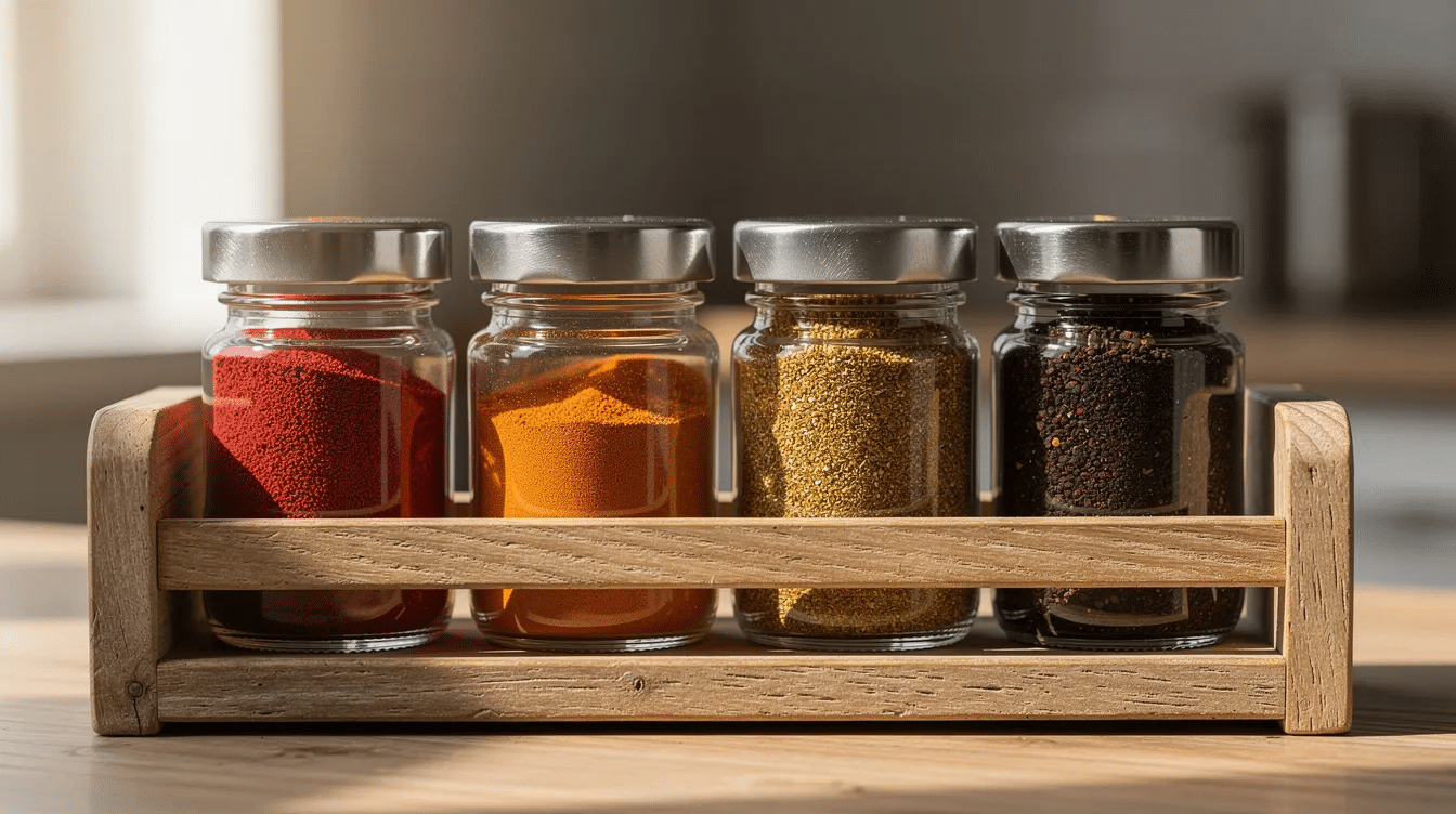 September 14, 2026 | A wooden spice rack displays several small glass jars filled with vibrant pepper powders, including bright red chili powder, dark brown dried peppers, and orange spice blends. These jars showcase the colorful results of dehydrating peppers for powder, perfect for enhancing the flavor of various dishes.