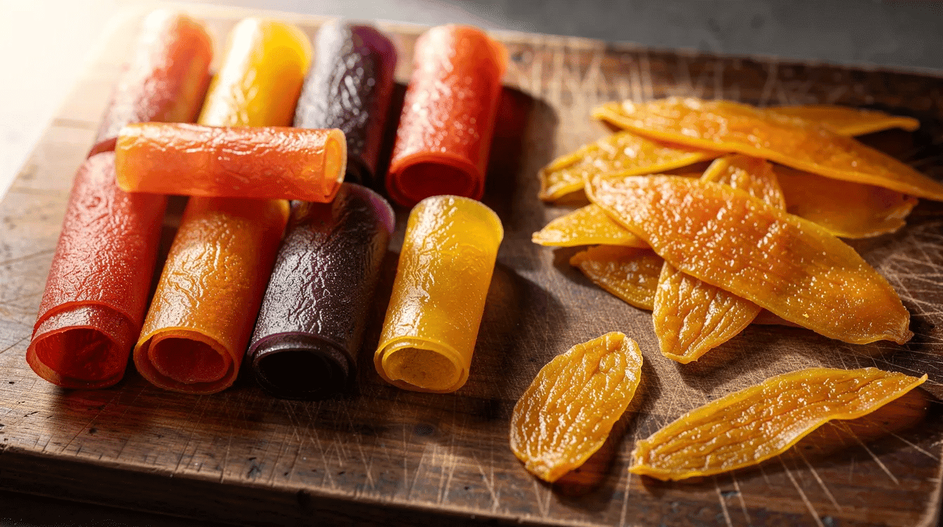 September 17, 2026 | The image features vibrant rolls of homemade fruit leather alongside thinly sliced dried mango strips, all arranged on a wooden cutting board. This colorful display showcases various dehydrated fruits, emphasizing the delicious and nutritious nature of these snacks.
