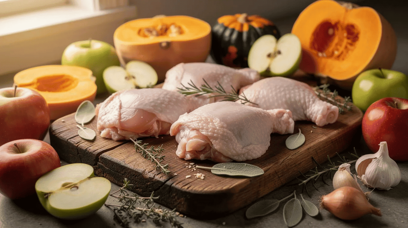 The image shows raw chicken thighs placed on a wooden cutting board, surrounded by a colorful array of autumn vegetables including squash, apples, and fresh herbs. This scene evokes the essence of fall chicken recipes, perfect for creating comforting meals with maximum flavor.