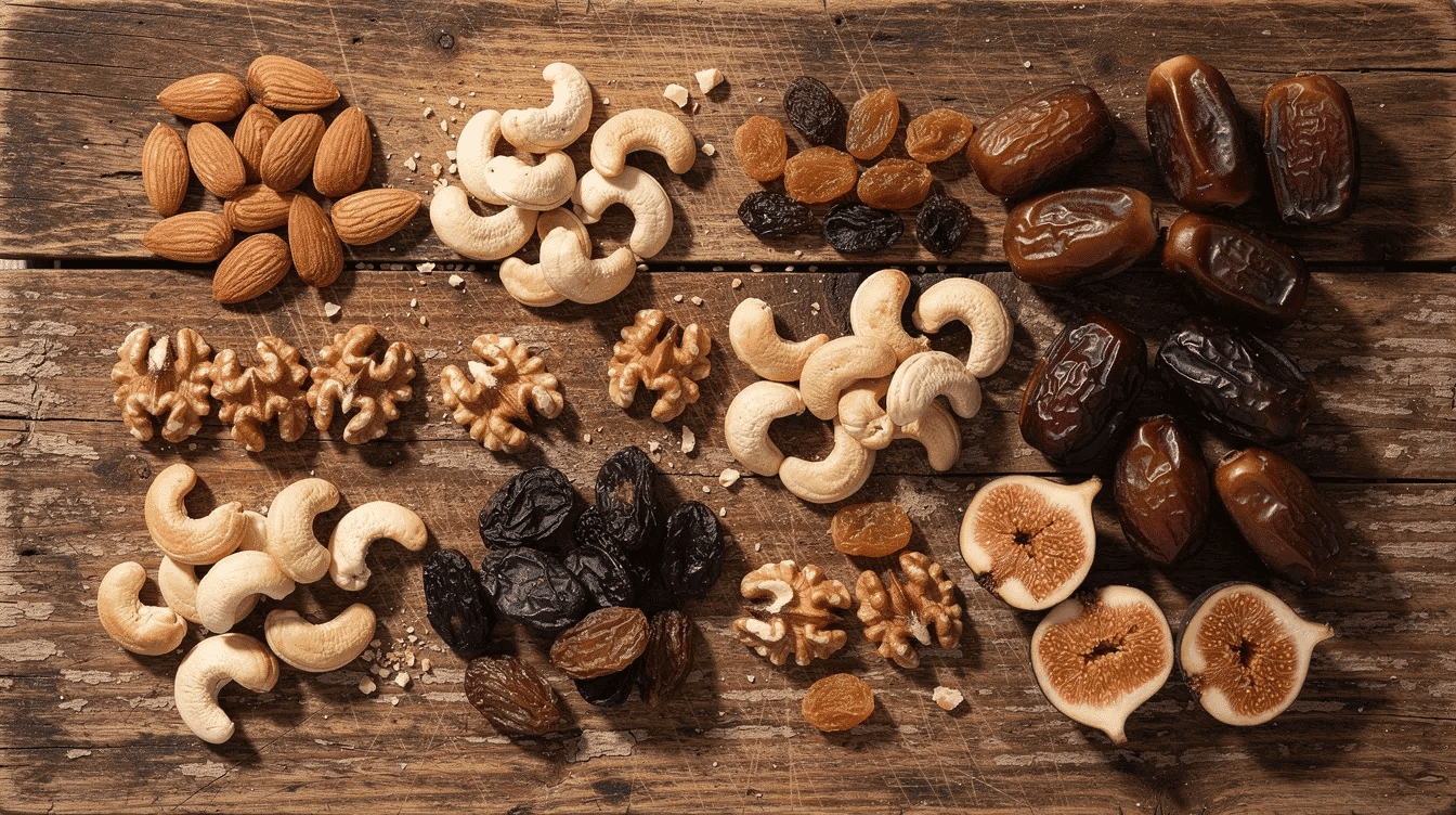 A flat-lay image showcases a variety of dry fruits and nuts on a rustic wooden board, including almonds, cashews, walnuts, raisins, dates, and figs, highlighting their rich nutritional value and health benefits. This colorful arrangement emphasizes the sweet taste and nutrient-dense nature of these foods, perfect for a healthy diet.