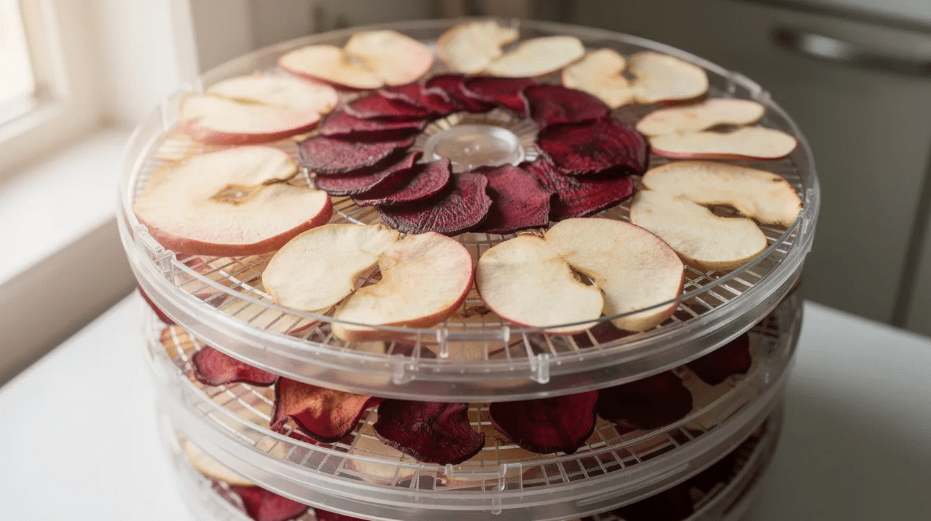 The image shows dehydrator trays filled with thinly sliced apples and beet chips, showcasing their vibrant colors as they dry in various stages. This healthy fall recipe highlights nutritious ingredients perfect for autumn snacking.