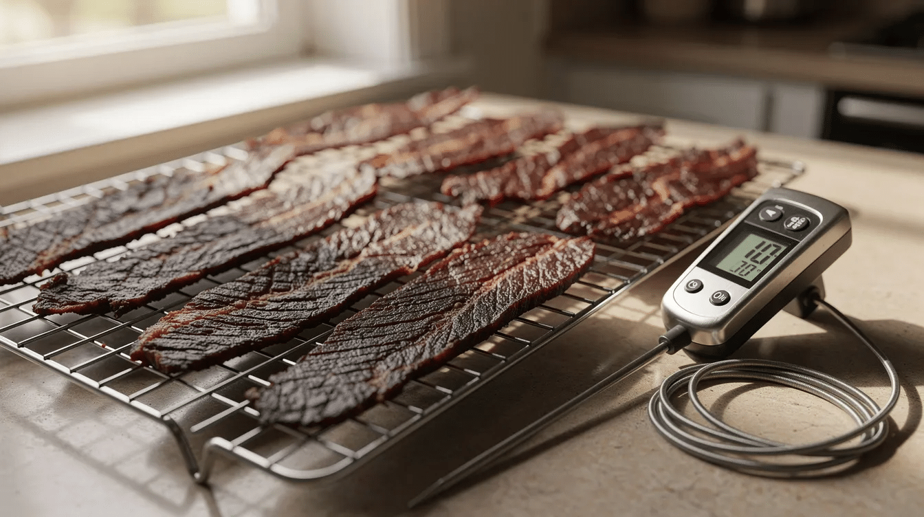 The image shows a batch of dark, finished jerky strips cooling on a wire rack, accompanied by a digital thermometer that indicates the internal temperature, ensuring the homemade beef jerky is properly dried for food safety. The chewy jerky strips are arranged neatly, showcasing the results of the drying process.