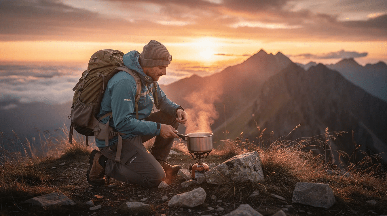 A backpacker stands on a mountain ridge at sunset, cooking a creamy mushroom risotto over a small camp stove. The meal features dehydrated mushrooms, arborio rice, and is enhanced with olive oil, garlic, and fresh thyme, creating a comforting dish perfect for a camping trip.