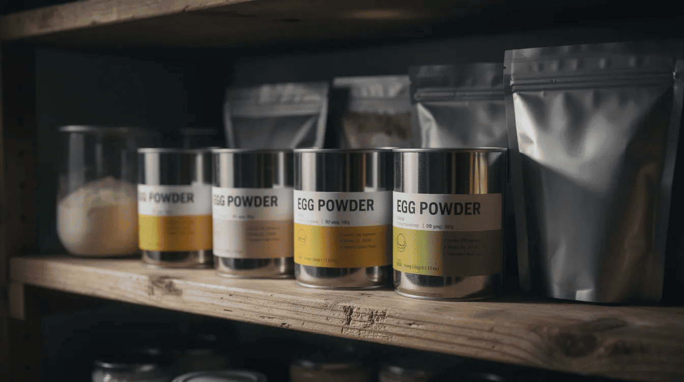 The image features sealed metal cans and foil pouches of powdered eggs, including egg white and whole egg powder, neatly arranged on a wooden pantry shelf in a cool, dark room, highlighting their long shelf life and storage capabilities. These commercial powdered egg products are ideal for cooking and baking, providing a convenient source of protein and nutritional value.