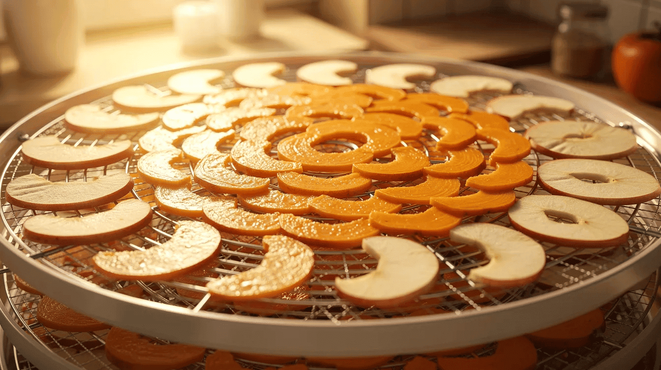 Thin slices of vibrant persimmon and crisp apple are beautifully arranged on dehydrator trays, illuminated by warm golden lighting, embodying the essence of fall food trends. This image showcases fresh fruits, perfect for creating healthy snacks or adding unique flavors to autumn dishes.
