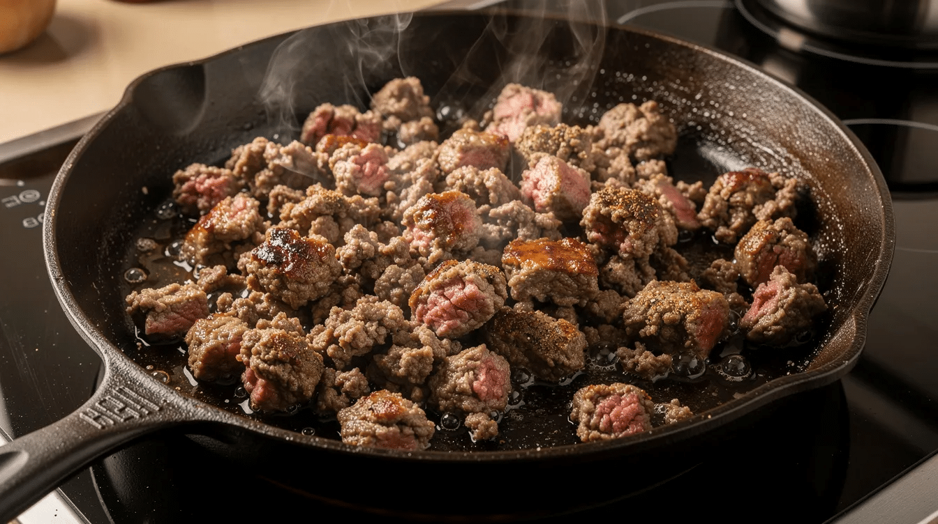 September 14, 2026 | A close-up view of ground beef crumbles sizzling in a large cast iron skillet on the stovetop, showcasing the rich color and texture of the raw meat as it browns at medium-high heat. The image captures the cooking process, highlighting the transformation of raw ground beef into flavorful crumbles, ideal for making dishes like tacos or preparing dehydrated ground beef for jerky.