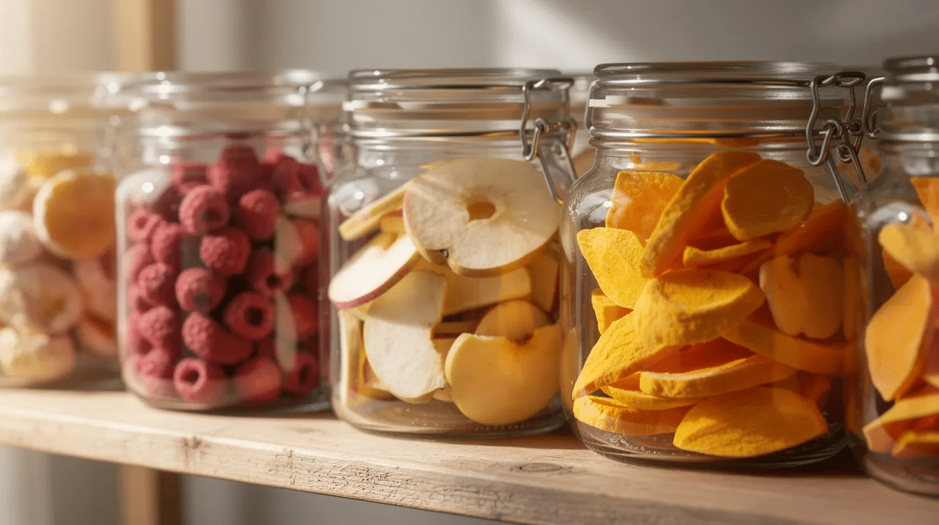 A wooden shelf displays glass jars filled with an assortment of freeze dried fruits, including vibrant raspberries, apples, and mango pieces, all sealed with clip-top lids. These freeze dried fruits are perfect for home bakers looking to add concentrated flavor and texture to their baked goods.