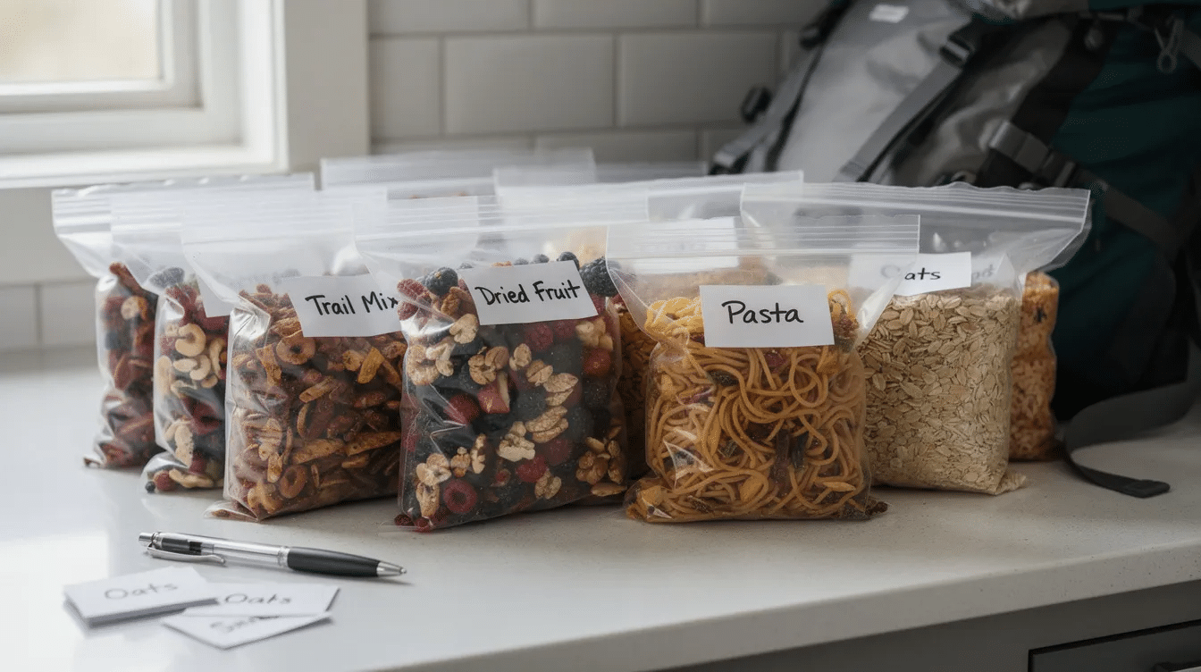 An assortment of portioned bags of dehydrated trail food, including ingredients for a creamy risotto, is neatly arranged on a kitchen counter, ready for packing. The labels indicate various components like dehydrated mushrooms, arborio rice, and seasonings, perfect for a backpacking meal.