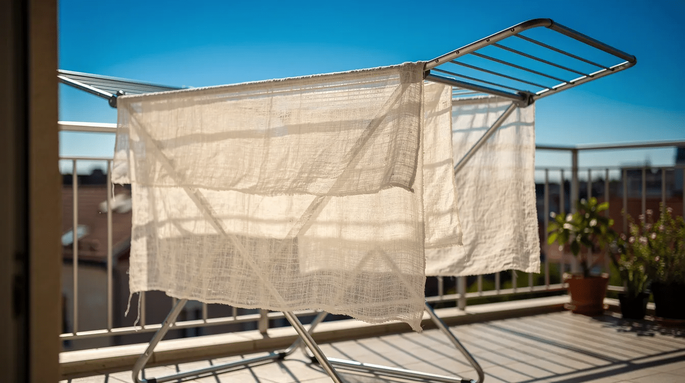 An outdoor drying rack is set up on a sunny balcony, covered with cheesecloth, against a backdrop of a clear blue sky. This scene illustrates the sun drying process, ideal for dehydrating apple slices into nutritious snacks like dried apple chips.