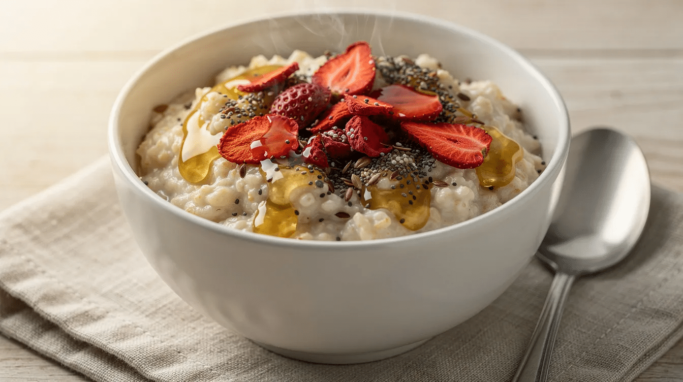 A bowl of warm porridge is beautifully topped with vibrant dehydrated strawberry pieces, crunchy seeds, and a sweet drizzle of honey, creating a delightful breakfast option. The combination of flavors and textures adds a splendid touch to this nourishing meal, perfect for starting the day.