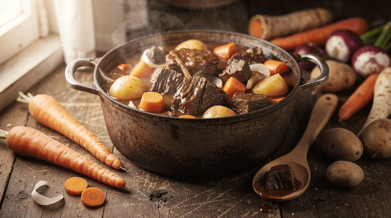 A rustic cast iron pot brimming with hearty beef stew, featuring tender chunks of meat and vibrant root vegetables like carrots and potatoes, is set on a wooden table. This comforting dish embodies the essence of fall, perfect for chilly nights and family gatherings.