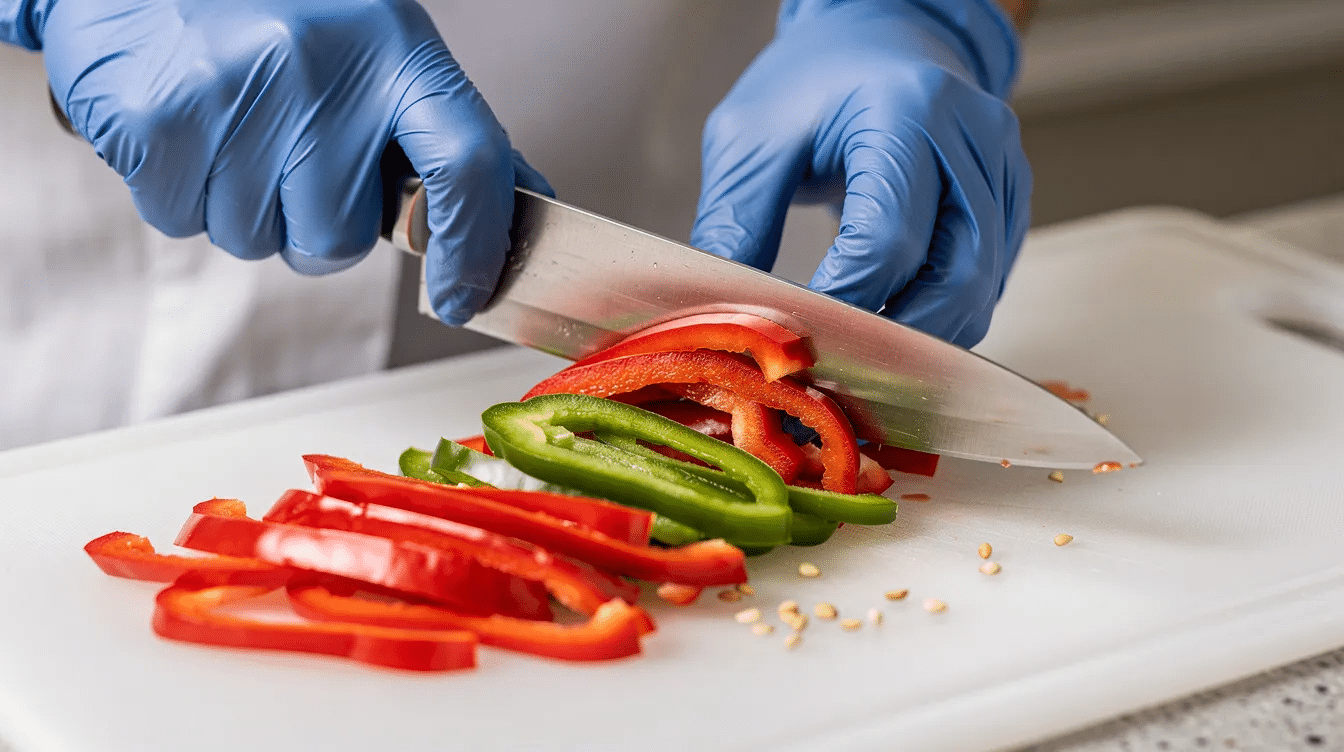 The image shows hands wearing blue disposable gloves as they slice fresh red and green bell peppers into thin strips on a white cutting board. This preparation is essential for the dehydrating process, allowing the peppers to be stored as dried peppers for future use in recipes like hot sauce or spice blends.