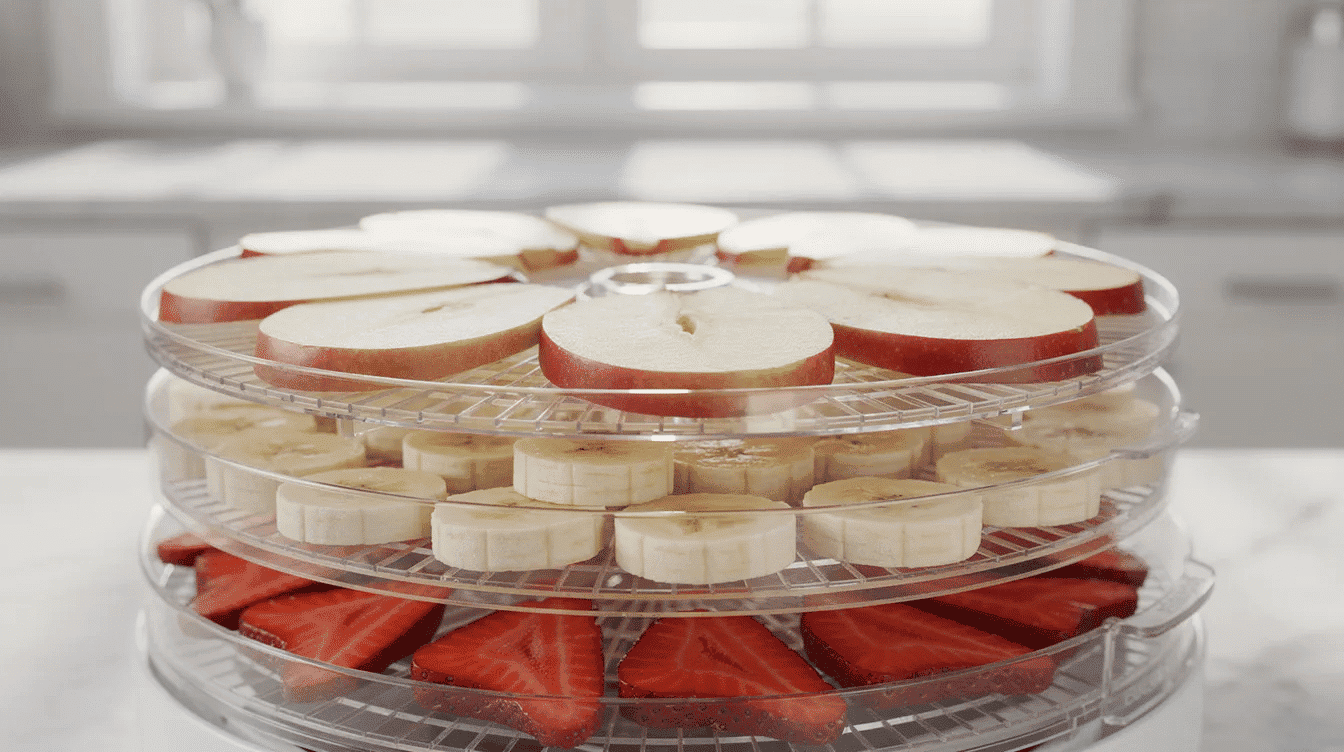 Sliced apples, bananas, and strawberries are neatly arranged on stacked dehydrator trays in a bright kitchen, showcasing the dehydration process for creating delicious dried fruit snacks. The vibrant colors of the fresh fruit contrast with the clean, organized space, highlighting a healthy approach to preserving vitamins and flavors.