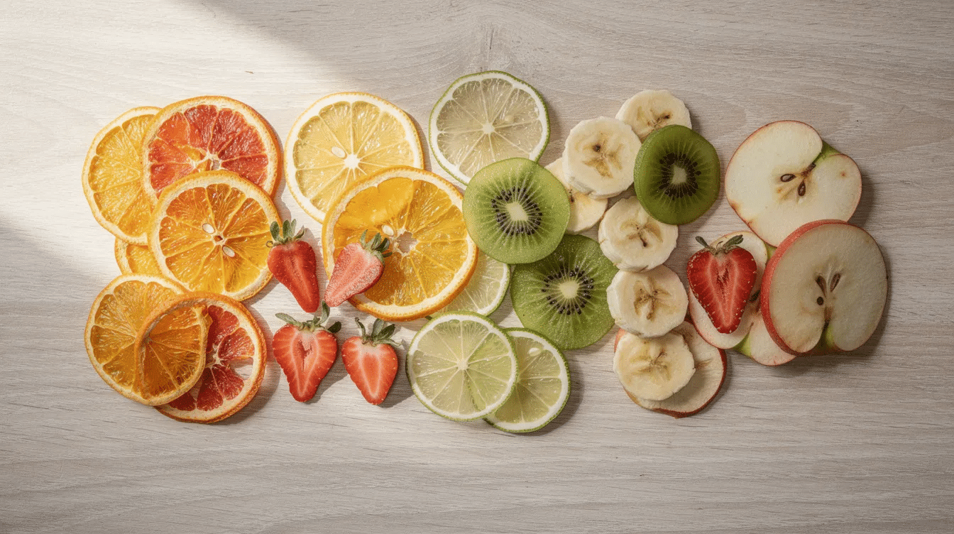 An assortment of colorful freeze dried fruit crisps, including apple chips and banana slices, is beautifully arranged on a light wooden surface, showcasing their vibrant hues and crispy texture. These gluten-free snacks are made from just one ingredient, offering a fun and nutritious option for breakfast or on-the-go meals.