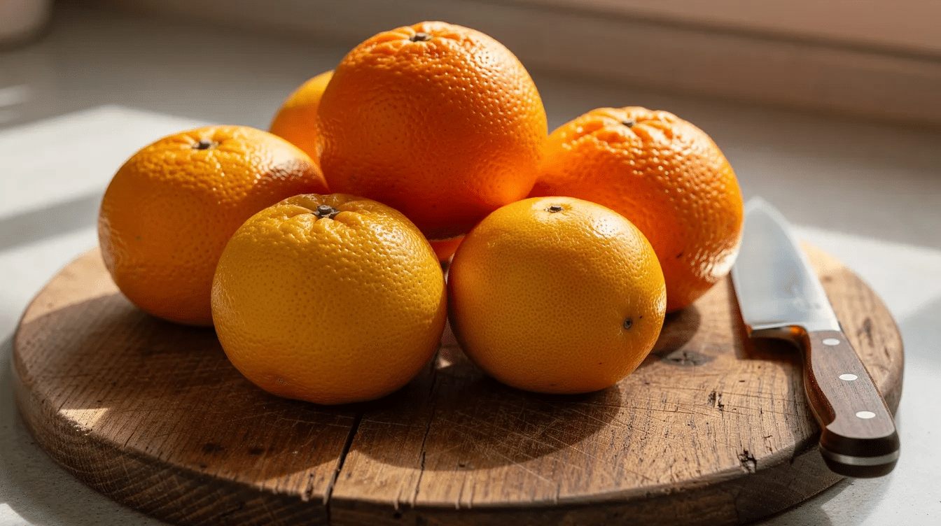 The image features a variety of whole oranges, including firm fresh oranges and blood oranges, neatly arranged on a wooden cutting board beside a sharp knife. This setup highlights the vibrant colors of the citrus fruits, perfect for preparing dehydrated orange slices or adding to a charcuterie board.