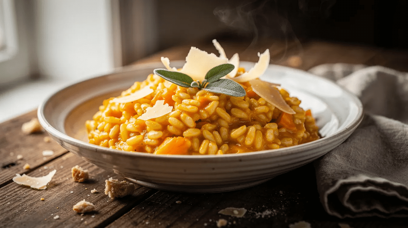A shallow ceramic bowl showcases creamy butternut squash risotto, elegantly topped with fresh sage leaves and shaved parmesan cheese, making it a perfect cozy dish for fall dinner recipes. The rich flavors and comforting texture make it an ideal meal for the whole family.