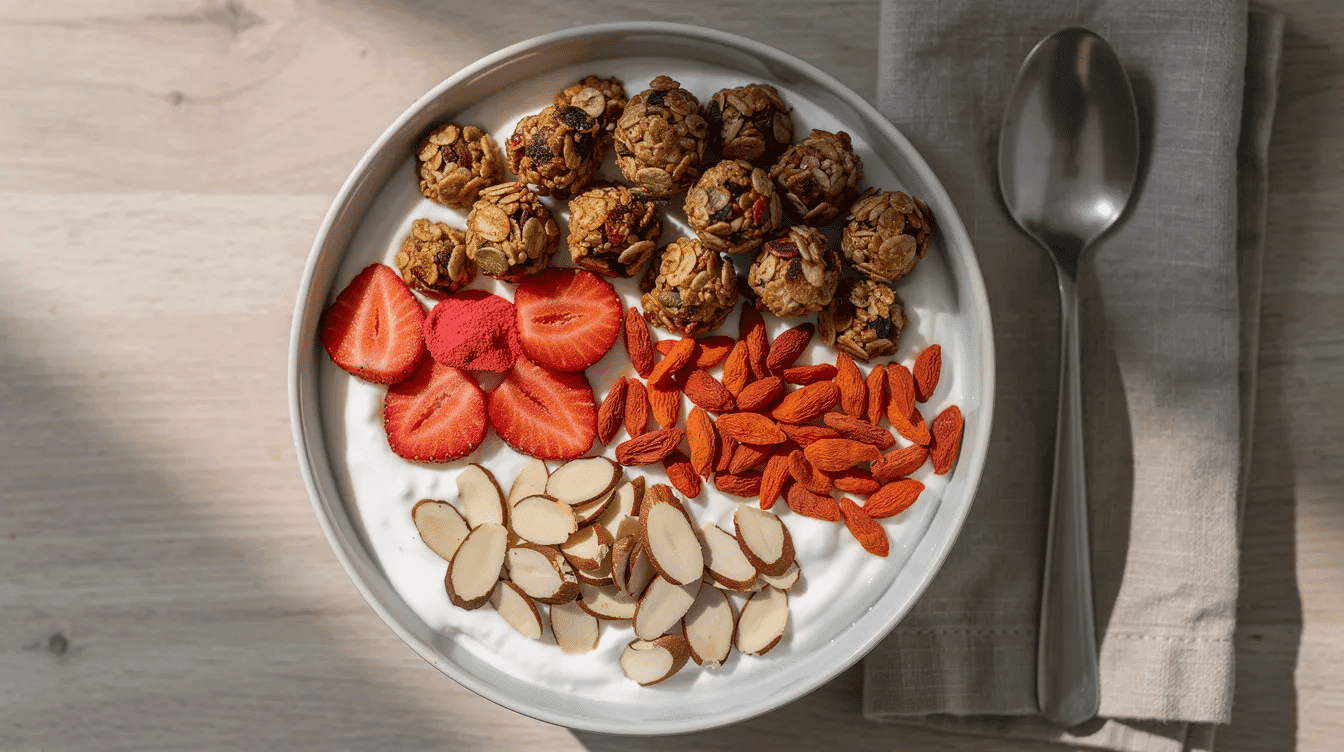 A vibrant breakfast bowl features creamy yogurt topped with freeze-dried strawberries, goji berries, crunchy granola, and sliced almonds, creating a delicious and nutritious meal rich in natural sugars and dietary supplements. The colorful combination offers many health benefits, making it a perfect start to the day.