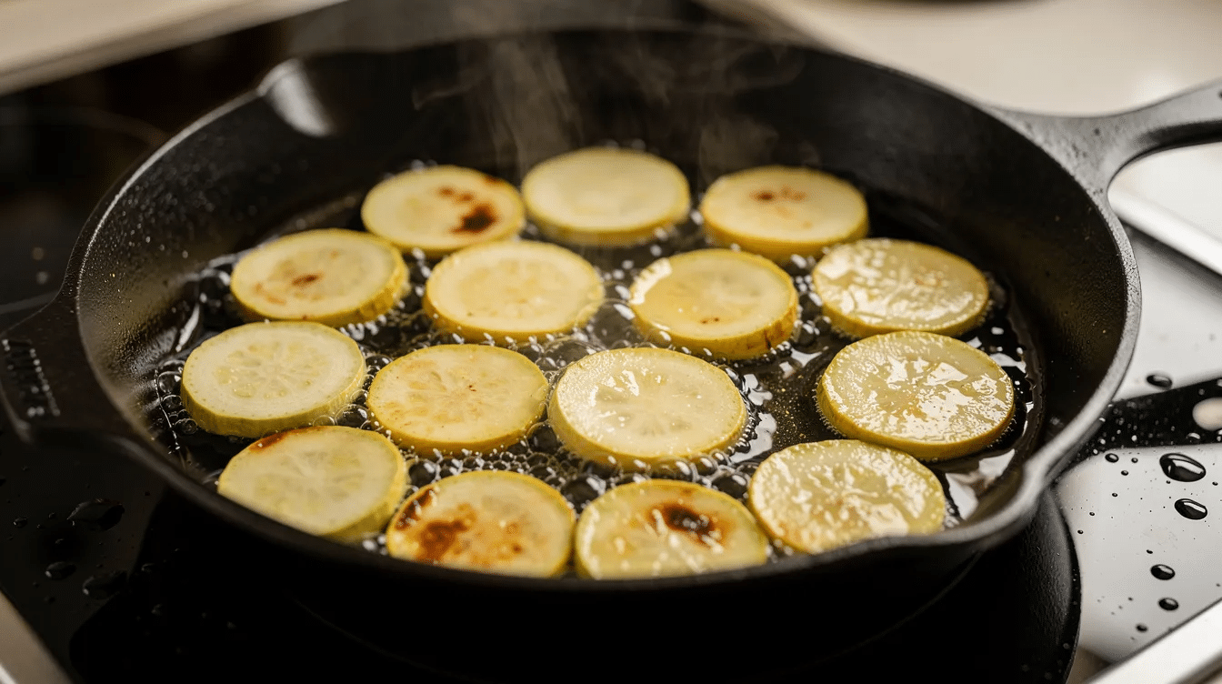 A cast iron skillet sits on a stovetop, filled with bubbling olive oil as thin slices of yellow squash and zucchini fry to a crispy golden brown. The scene captures the vibrant colors and textures of the squash chips being prepared, highlighting the delicious flavors of this summer vegetable dish.