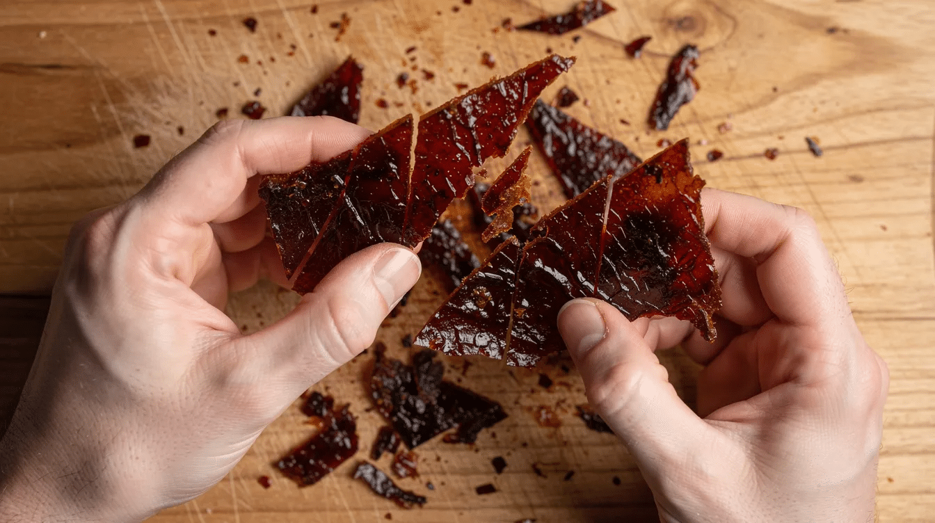 Two hands are breaking apart a dried dark red sauce sheet into small shards on a cutting board, showcasing the crumbly texture of the dehydrated hot sauce, which is ideal for seasoning dishes like chicken or vegetables. The scene captures the process of preparing the sauce for a backpacking trip or cooking, emphasizing the flavor and spice of the ingredients used.