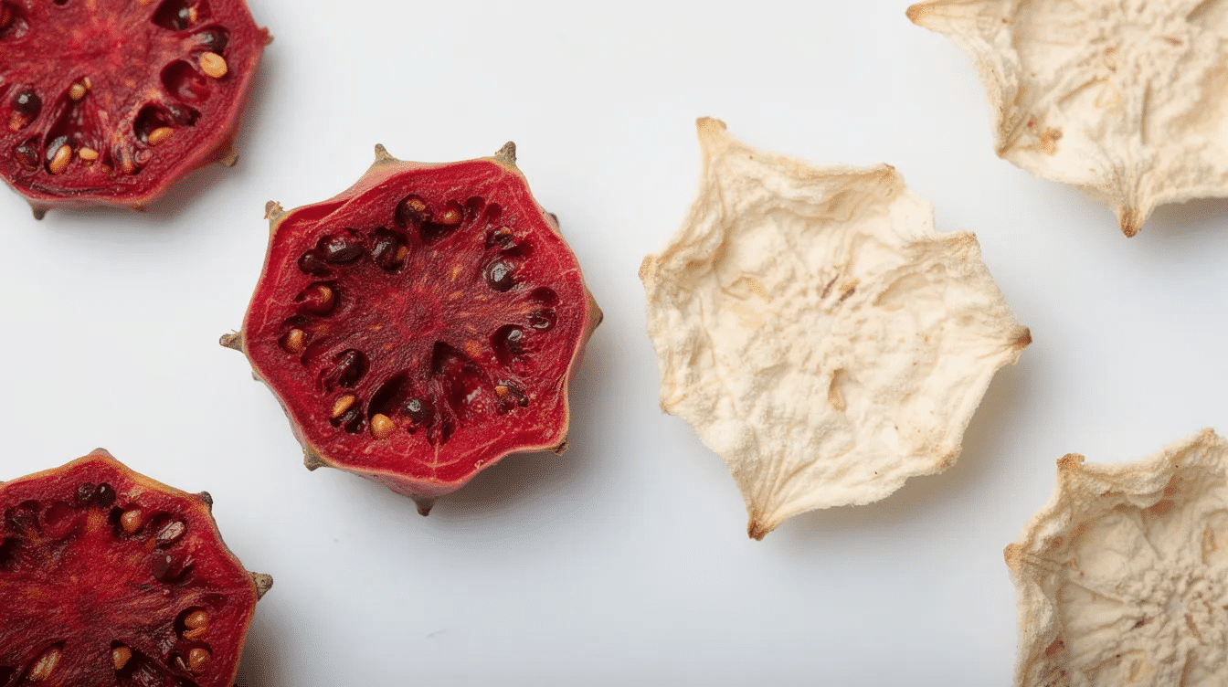 A close-up view showcases vibrant red and pale dried prickly pear fruit slices on a white surface, highlighting the contrasting colors and textures of this edible cactus fruit. These slices, known for their sweet taste and subtle flavor, are perfect for adding flavor to desserts and other dishes.