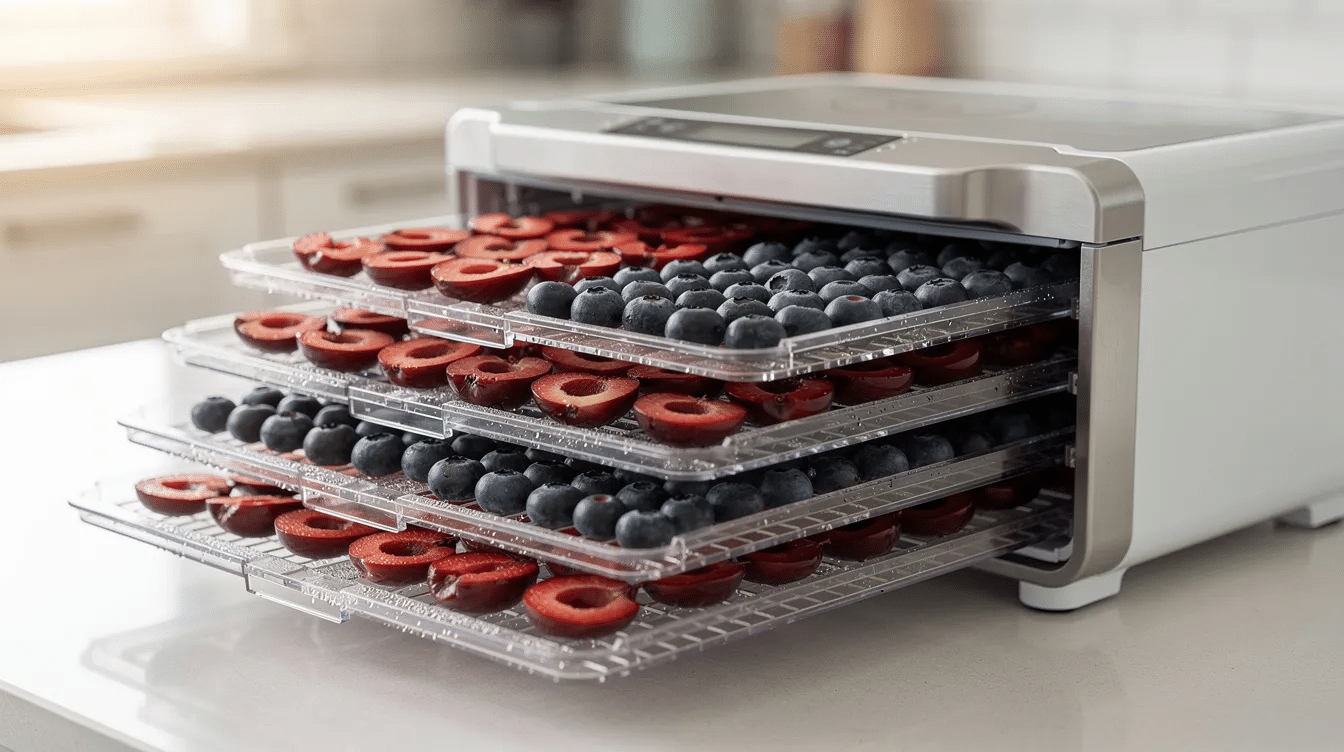 The image shows a home countertop dehydrator with trays pulled out, displaying rows of halved cherries and whole blueberries in the drying process. These dehydrated fruits are arranged neatly, ready to become delicious dried berries for snacking or adding to dishes.