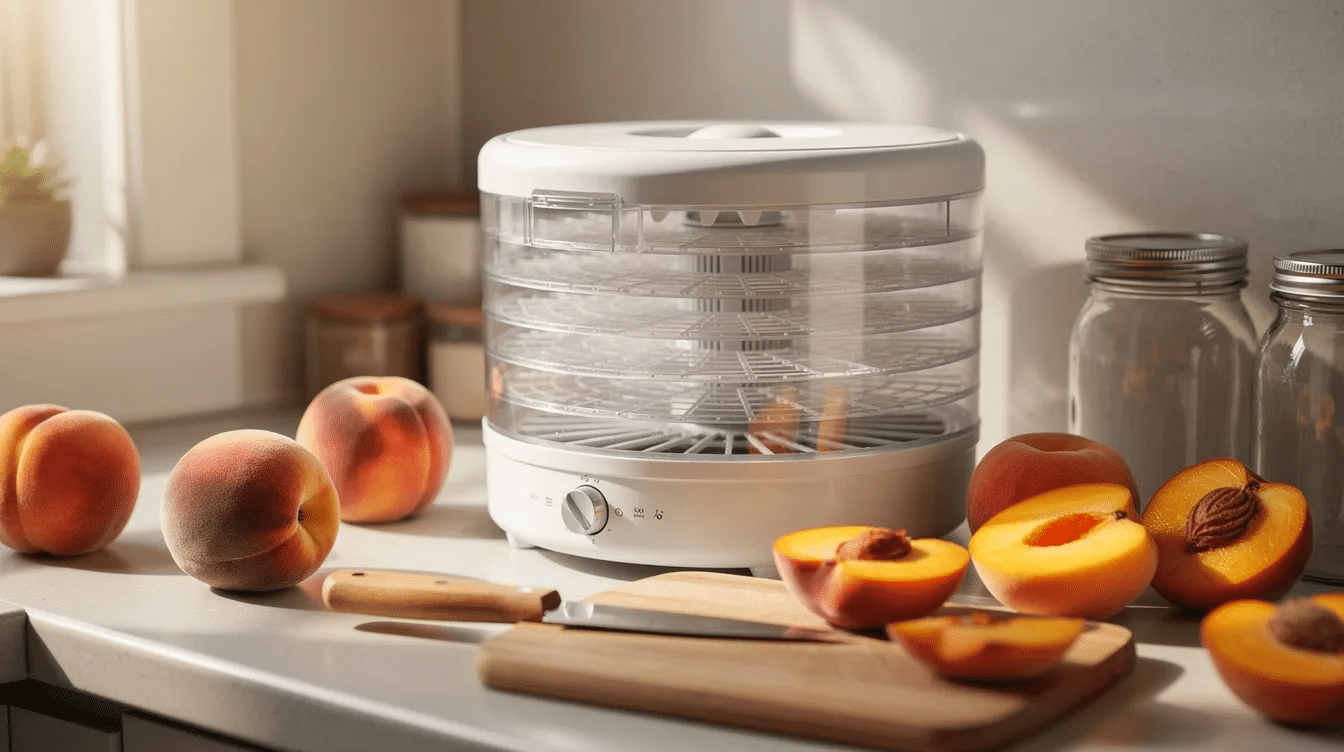 The image depicts a kitchen counter featuring a food dehydrator, several glass jars, a paring knife, and fresh peaches ready for preparation. The setup suggests a delightful candying process, where the ripe peaches may be transformed into delicious dried fruit or candied fruit for snacking or baking.