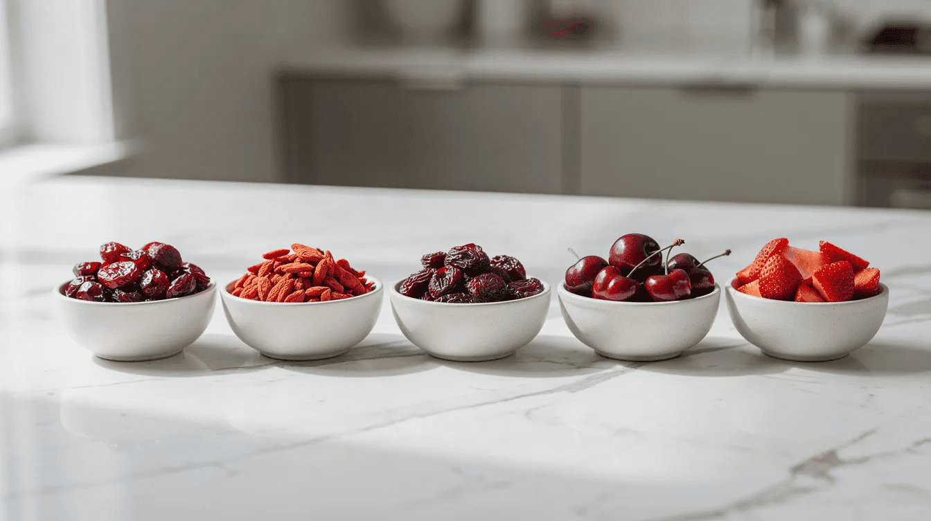Five small ceramic bowls are lined up on a marble counter, each filled with a different type of red dried fruit, including dried cherries and goji berries. These convenient snacks showcase a variety of flavors and nutrients, making them a delicious addition to trail mixes or baked goods.