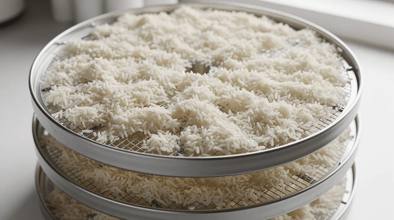 The image shows food dehydrator trays filled with thin, even layers of cooked arborio rice, ready for drying. The rice is likely part of a homemade risotto recipe, possibly featuring ingredients like olive oil, parmesan cheese, and fresh thyme, aimed at creating a convenient backpacking meal.