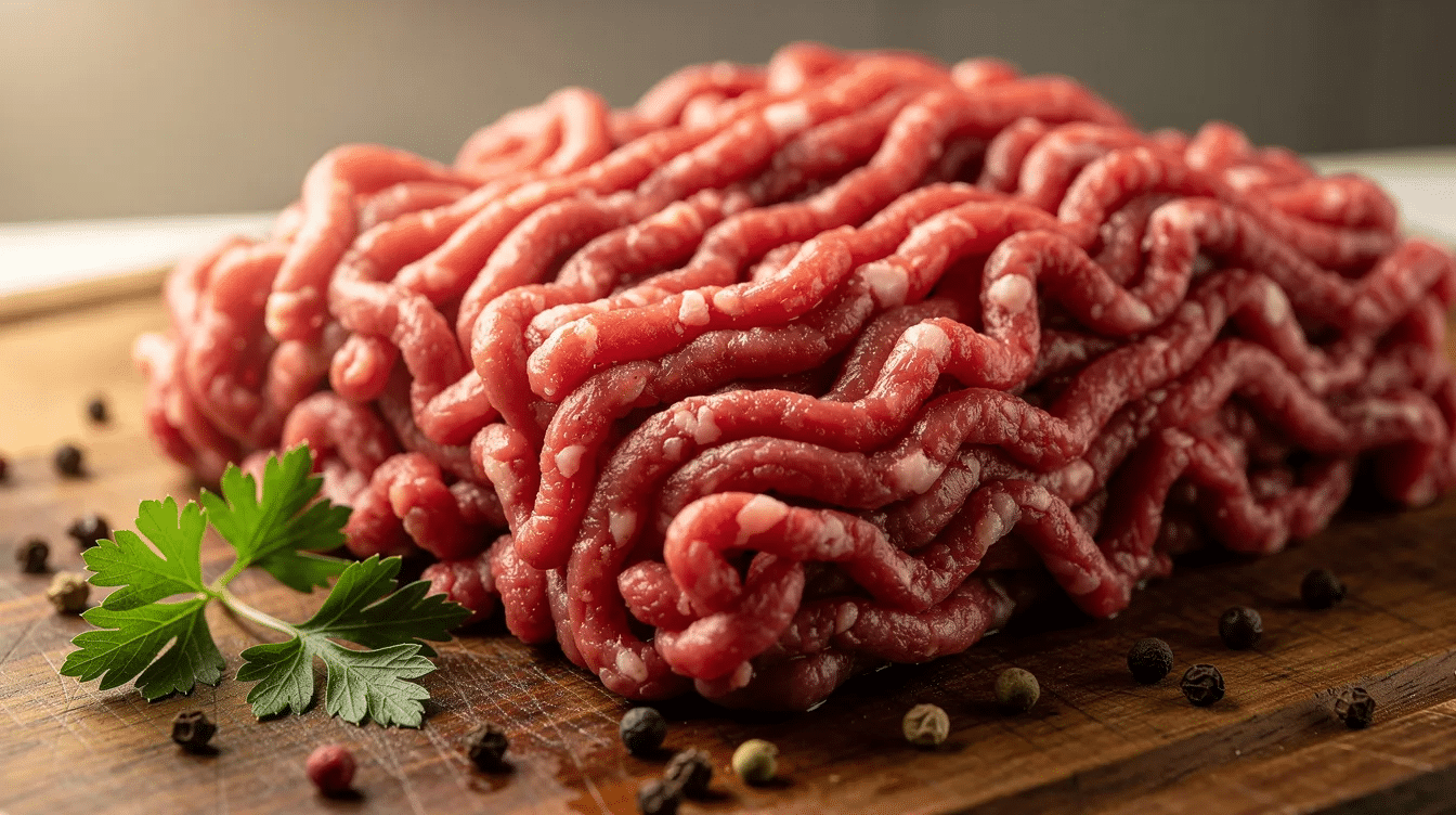 September 14, 2026 | The image features raw ground beef displayed on a cutting board, showcasing its rich red color and fine texture. This ground meat is often used in various recipes, and can be dehydrated to create homemade jerky or stored for longer shelf life.