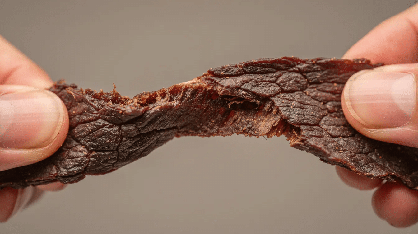 A person is bending a cooled strip of dark brown beef jerky, revealing fine surface cracks that indicate it's properly dried. The jerky, likely homemade, showcases the results of a careful drying process, essential for achieving chewy jerky with a long shelf life.