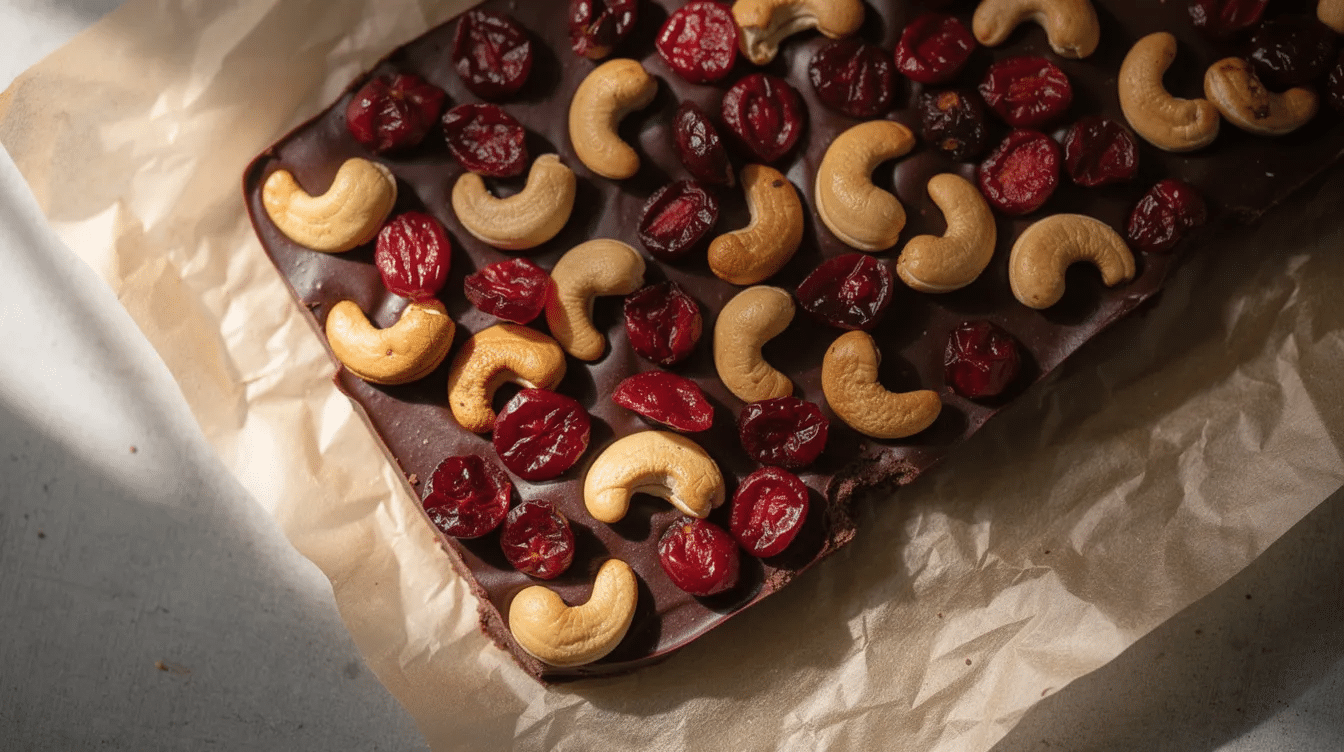 The image features a delectable dark chocolate bark adorned with vibrant red cranberries and crunchy roasted cashews, all resting on a sheet of parchment paper. This sweet treat combines intense flavors and natural sweetness, making it a perfect snack for those with a sweet tooth.