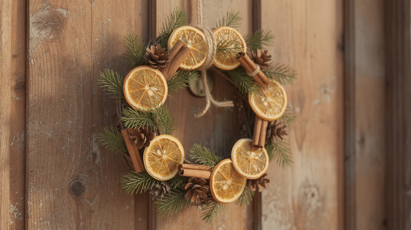 A rustic wooden front door is adorned with a beautiful Christmas wreath made of dried orange slices, cinnamon sticks, pine cones, and fresh sprigs of fir, showcasing natural elements that evoke a warm, festive atmosphere. The wreath's vibrant colors and textures create a lovely decorative piece that enhances the door's charm.