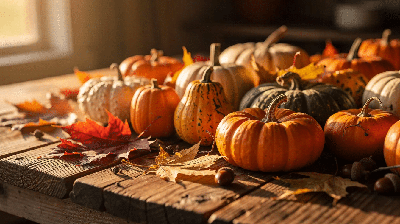 A rustic wooden table is adorned with an assortment of small pumpkins and vibrant autumn leaves, illuminated by warm sunlight, creating a cozy fall atmosphere. This scene evokes the essence of delicious pumpkin recipes, perfect for the season, such as pumpkin pie and pumpkin spice lattes.