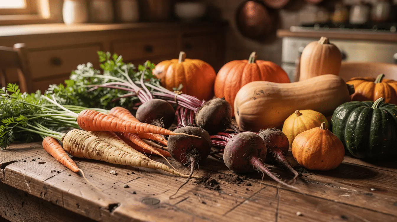 The image features a rustic wooden table adorned with an assortment of root vegetables, including vibrant carrots, parsnips, earthy beets, and rich winter squash, set against a warm and inviting kitchen backdrop. This display showcases seasonal produce that highlights the flavors of winter.