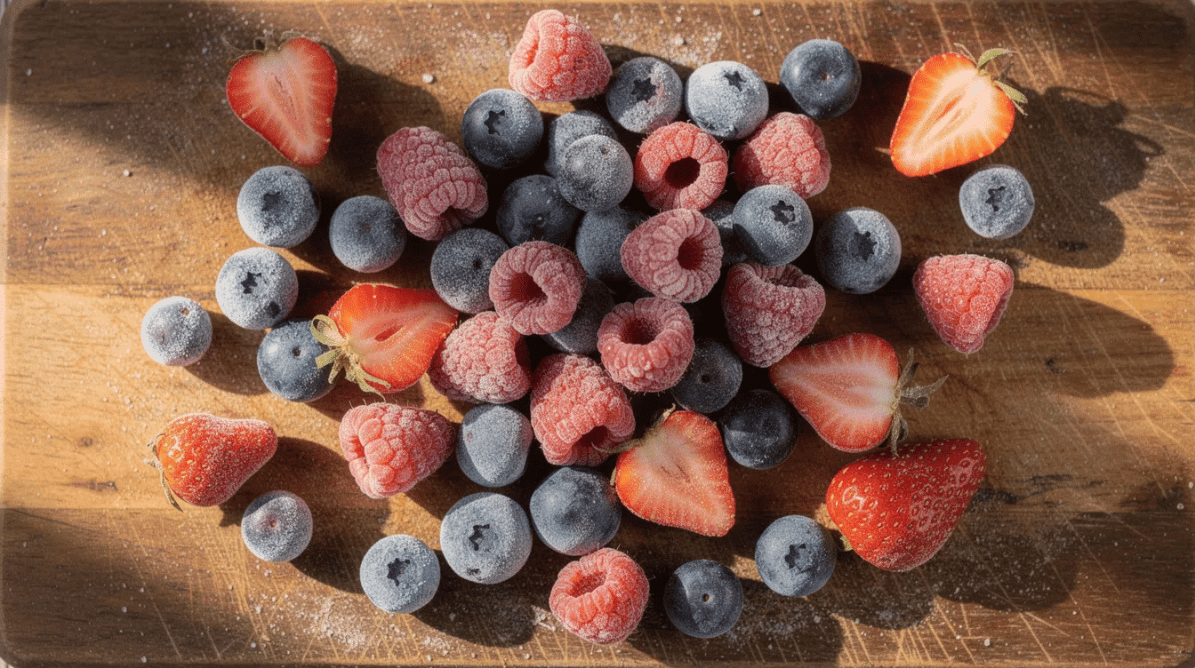 A vibrant display of colorful frozen mixed berries, including blueberries, raspberries, and strawberries, is spread across a wooden cutting board. This assortment of frozen fruit is perfect for healthy snacks or can be used for dehydrating berries to create delicious dried fruit for year-round enjoyment.