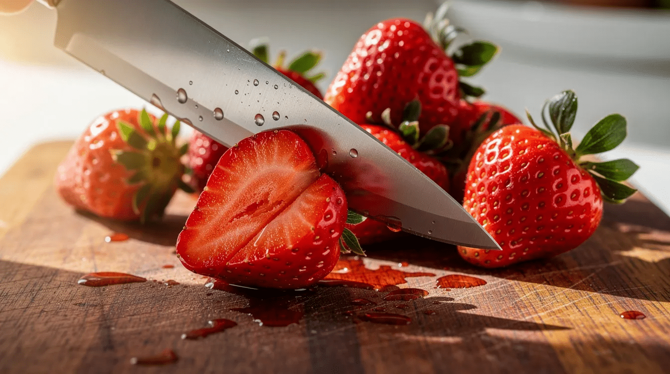 The image shows fresh ripe strawberries being sliced into thin pieces with a sharp knife on a wooden cutting board, highlighting the vibrant red color and juicy texture of the fruit. These strawberry slices can be used in various recipes, including healthy snacks or fruit dips, and can also be dehydrated for long-term storage.