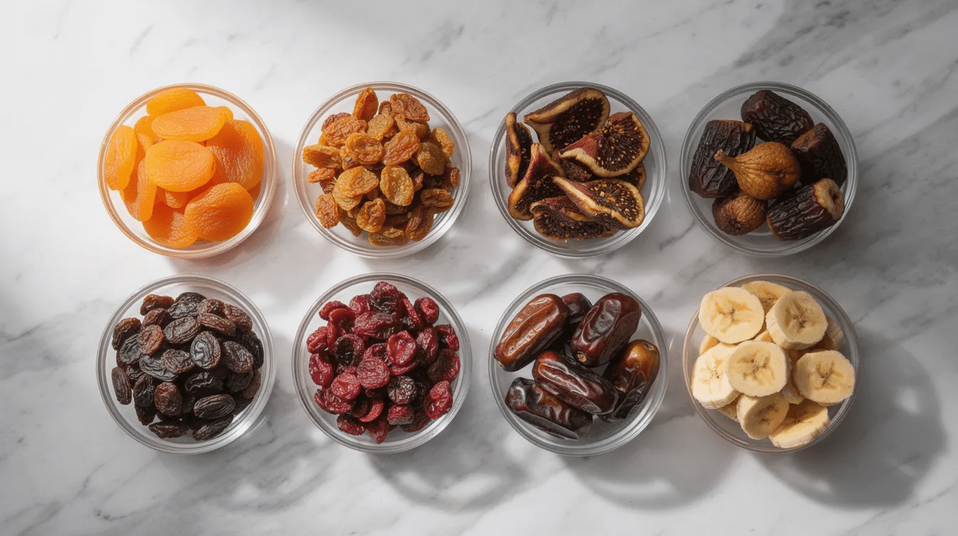 The image features small glass bowls filled with various types of dried fruits, including dried cherries, dried mango, and dried apricots, all neatly arranged on a marble countertop. This colorful display highlights the nutritious snack options that dried fruit offers, showcasing their concentrated sugars and health benefits compared to their fresh counterparts.