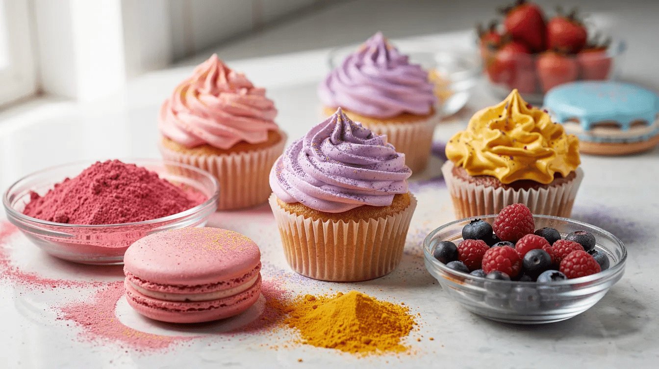 The image features an array of colorful baked goods, including frosted cupcakes, macarons, and muffins, all enhanced with vibrant shades from freeze dried fruit powder. The rich colors and textures showcase how freeze dried strawberries, raspberries, and mango can add both fruity flavor and visual appeal to various desserts.