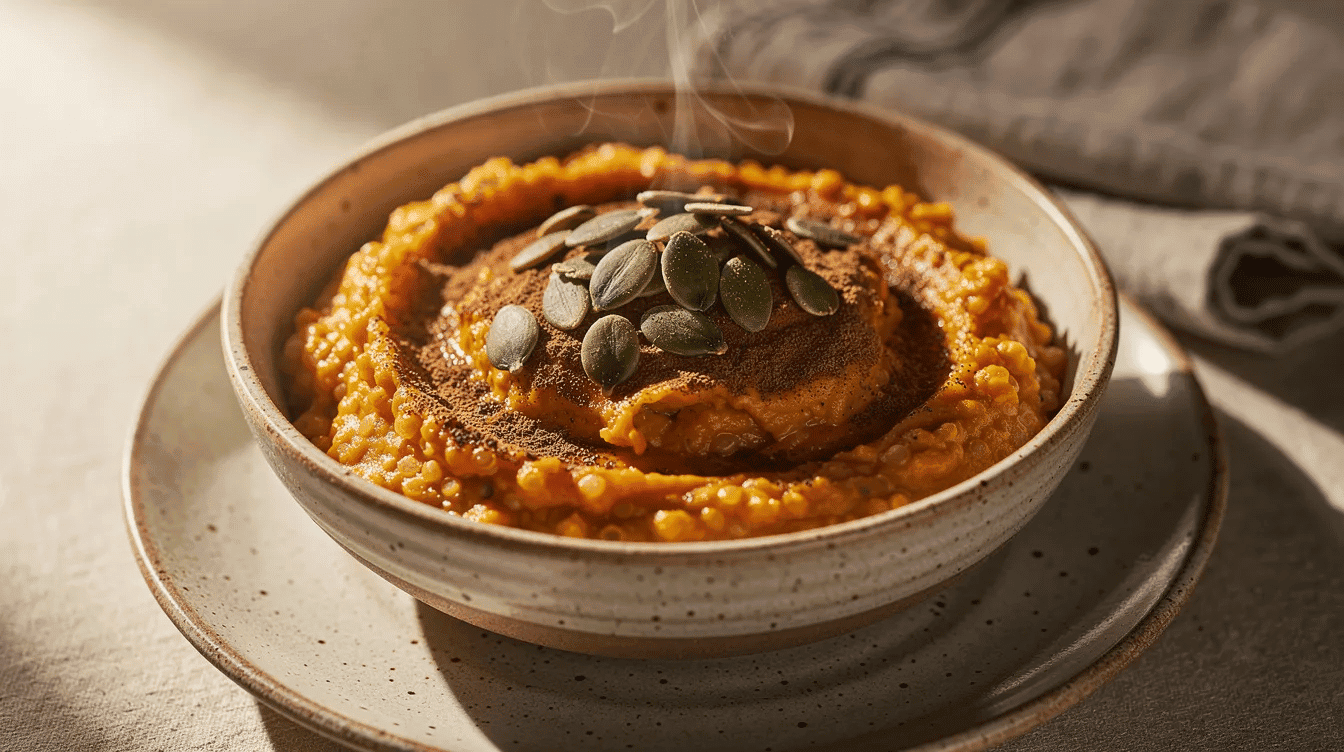 A bowl of creamy quinoa pumpkin pudding sits on a ceramic plate, garnished with toasted pumpkin seeds and a sprinkle of cinnamon, showcasing a perfect fall dish that highlights seasonal flavors and health benefits. This comforting dessert aligns with current food trends, offering a gluten-free option for those seeking unique flavors in their autumn menus.